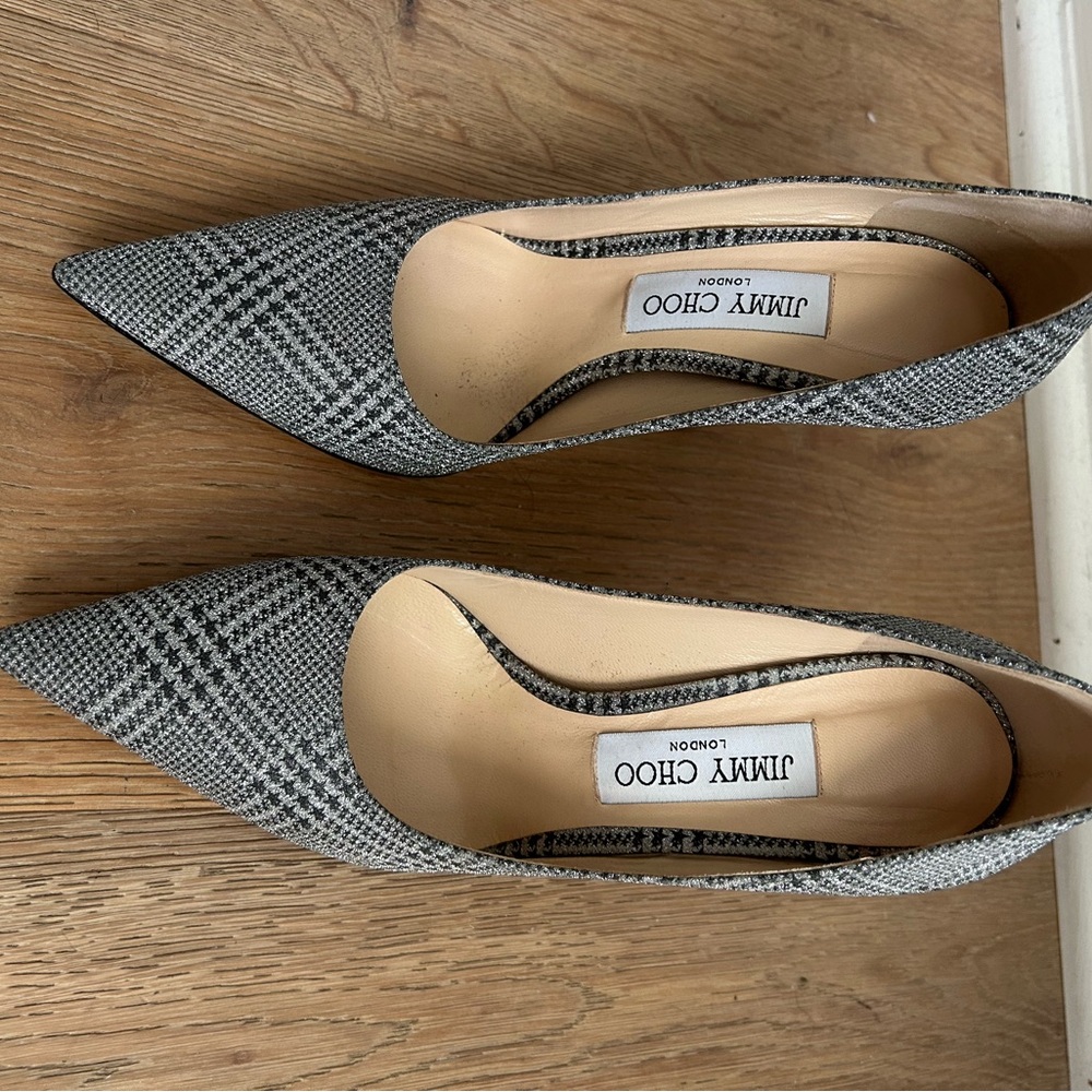 Jimmy Choo metallic houndstooth pattern pointed toe heel with 4 inch heels.